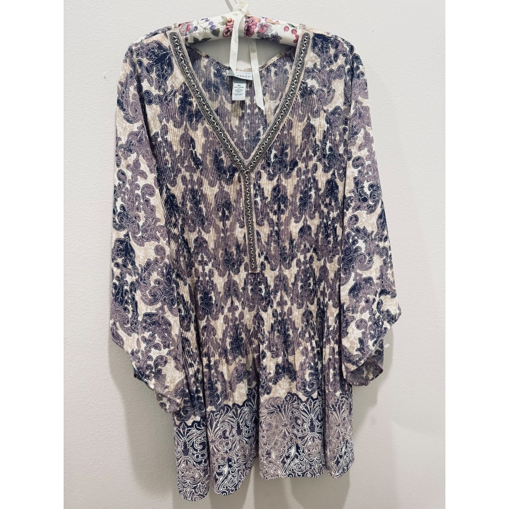 Catherines 5X Plus Size Tunic Top Purple Paisley Pleated Beaded V-Neck Blouse